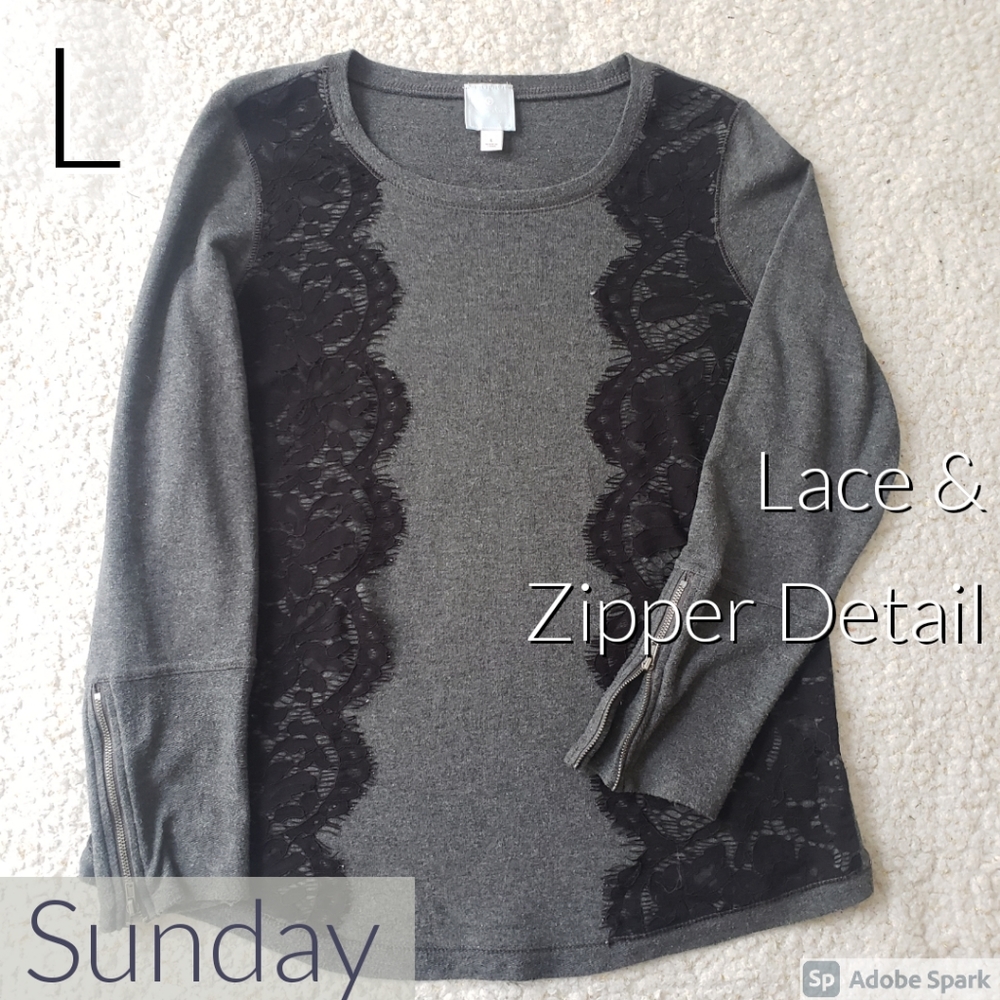 Sunday Lace Overlay Zipper Sleeve Sweater Gray L
